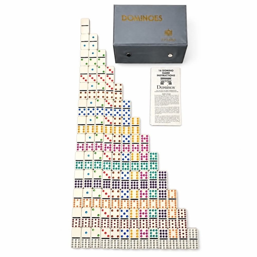 Pavilion Double 12 Dominoes Set Complete 91 Color Dot Tiles w/ Grey Storage Case